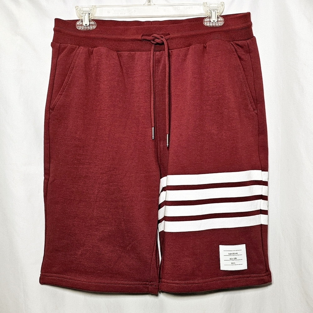 Thom Browne Men's Burgundy Red w/White 4-Bar Varsity Stripes Sweatshorts